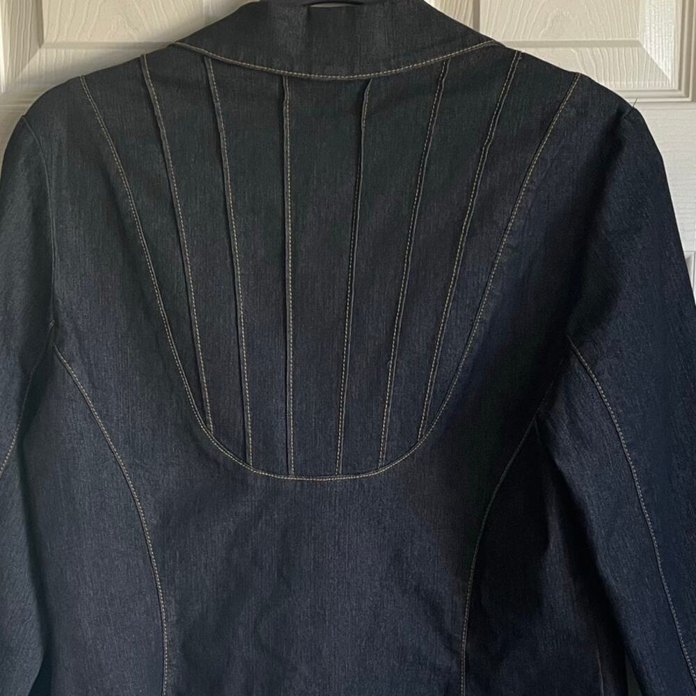 Bisou Bisou Blue Denim Blazer Jacket Sz L Contrast Stitching Pintucks Stretch - Picture 5 of 10